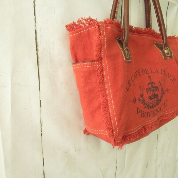 Myra Bag Le Cafe La Place Provence Graphic Red Canvas Leather Tote - Picture 4 of 8